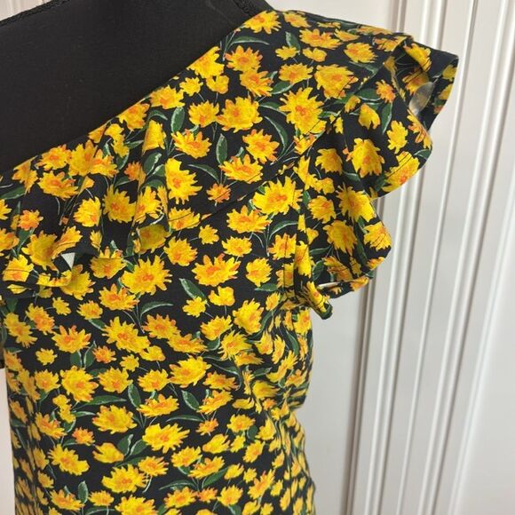 Anthropologie Ruffled One Shoulder Blouse Black Yellow Size Large - Picture 3 of 5